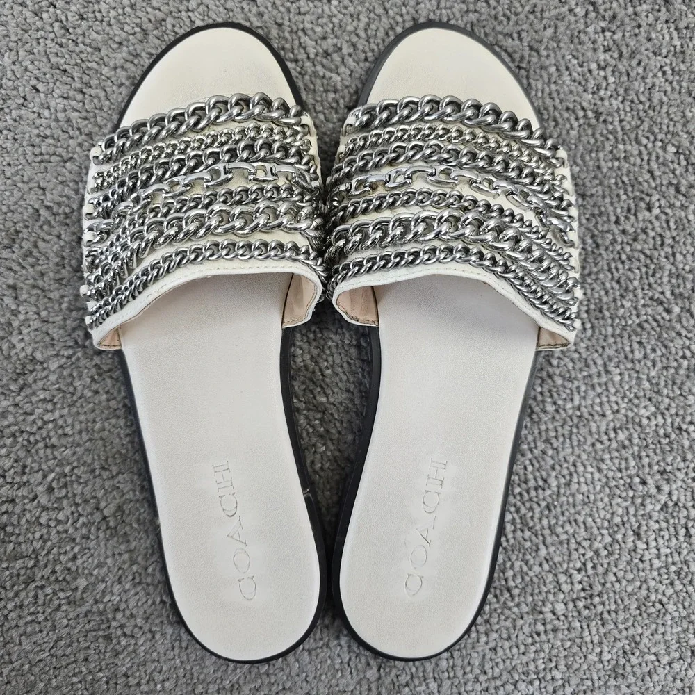 Coach Hayden Flat Sandal Womens Size 8 Beige Leather Silver Chain Slide G3978